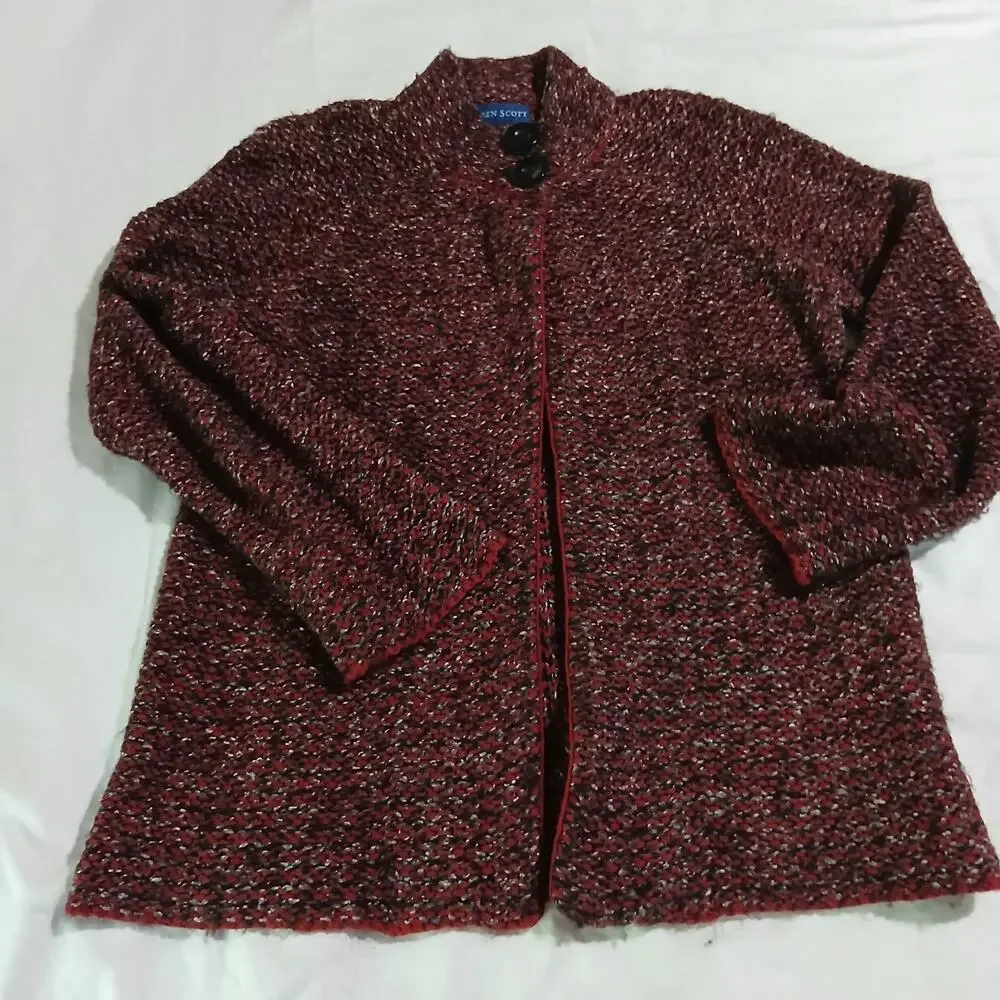 Karen Scott Med Maroon/Brown/White 2-Button Long-Sleeved Cardigan Sweater